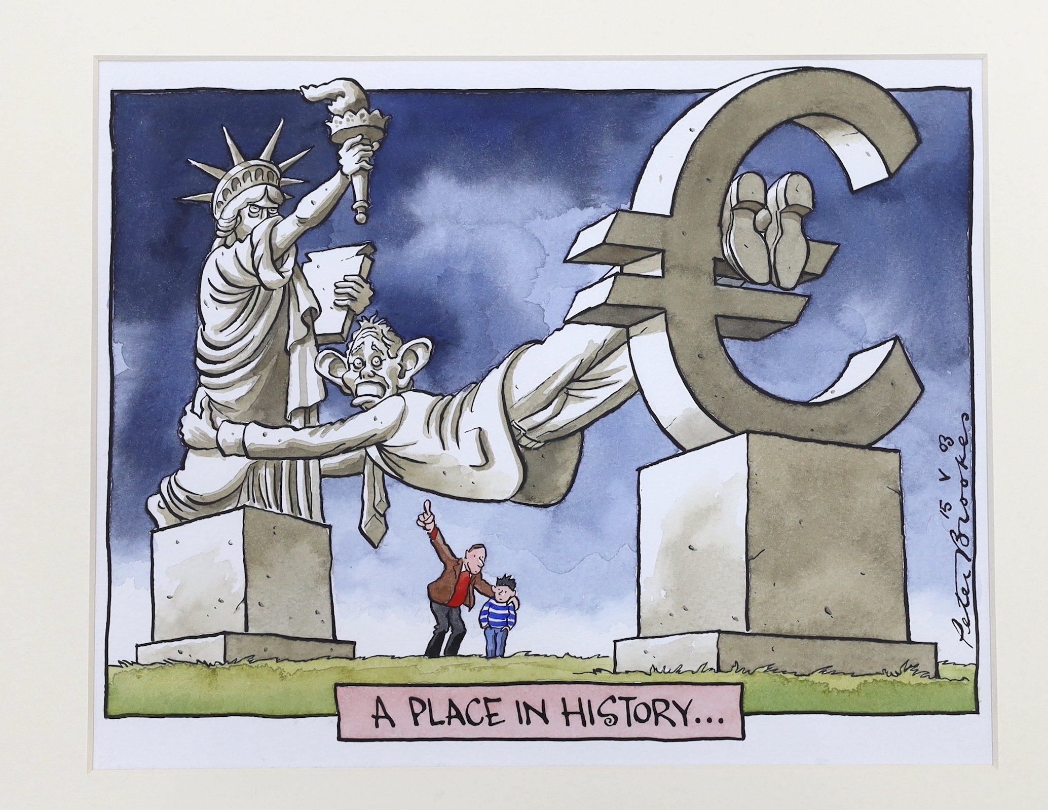 Peter Brookes (b.1943), pen, ink and watercolour satirical cartoon, 'A Place in History', signed, inscribed and dated 15 v 03, details verso, 24 x 30cm